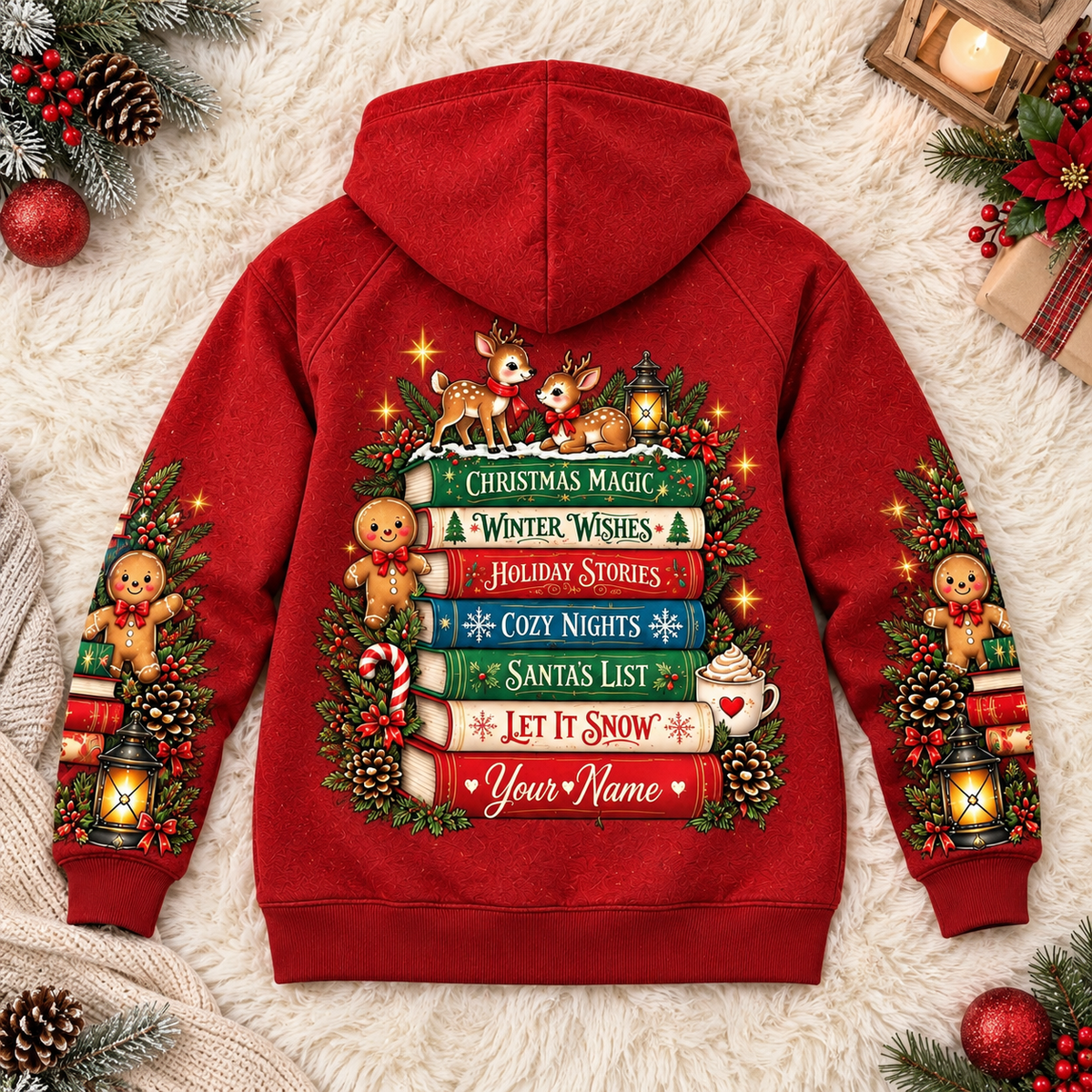 Personalized Reindeer Holiday Books Zip Hoodie
