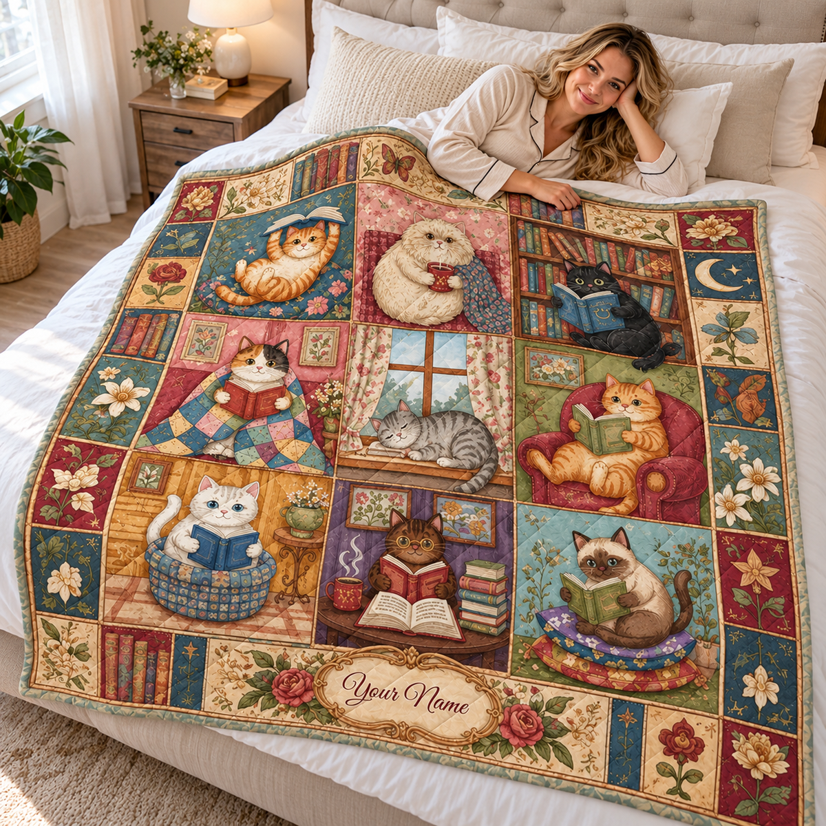 Personalized Book Lover Cats Quilt