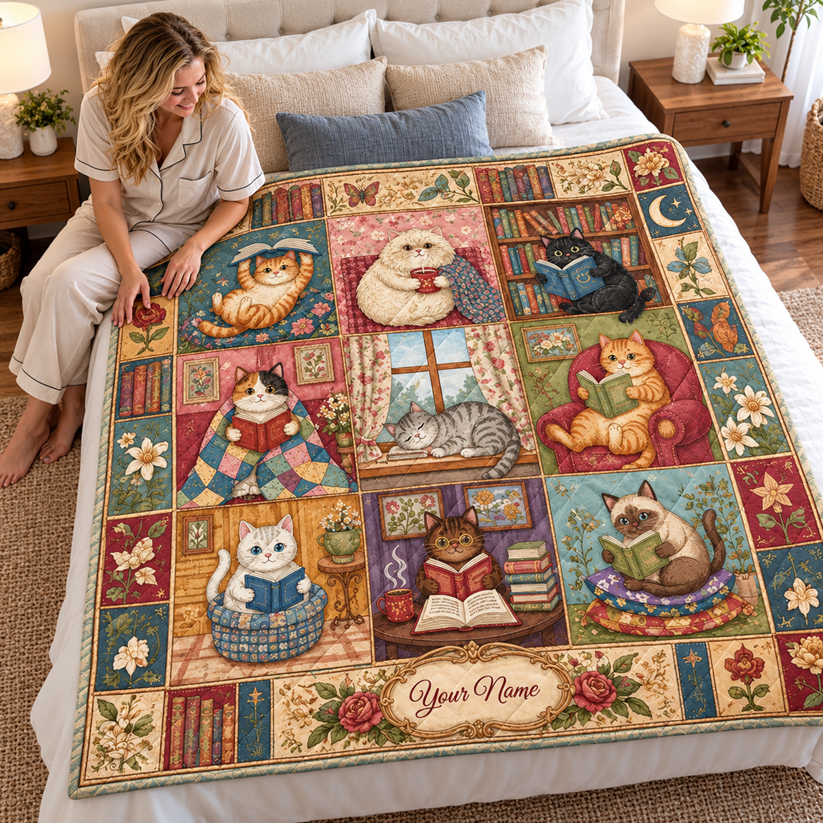 Personalized Book Lover Cats Quilt