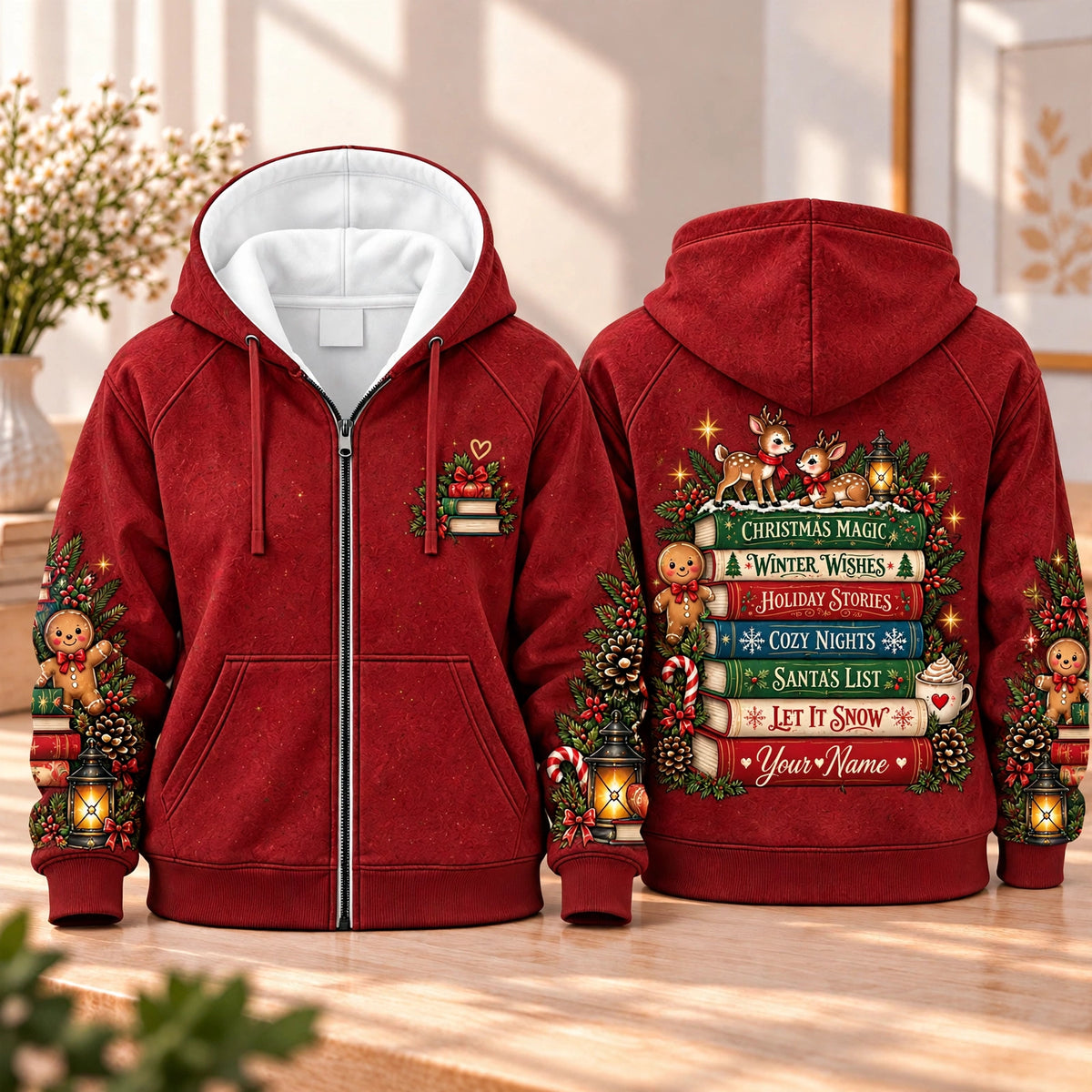 Personalized Reindeer Holiday Books Zip Hoodie
