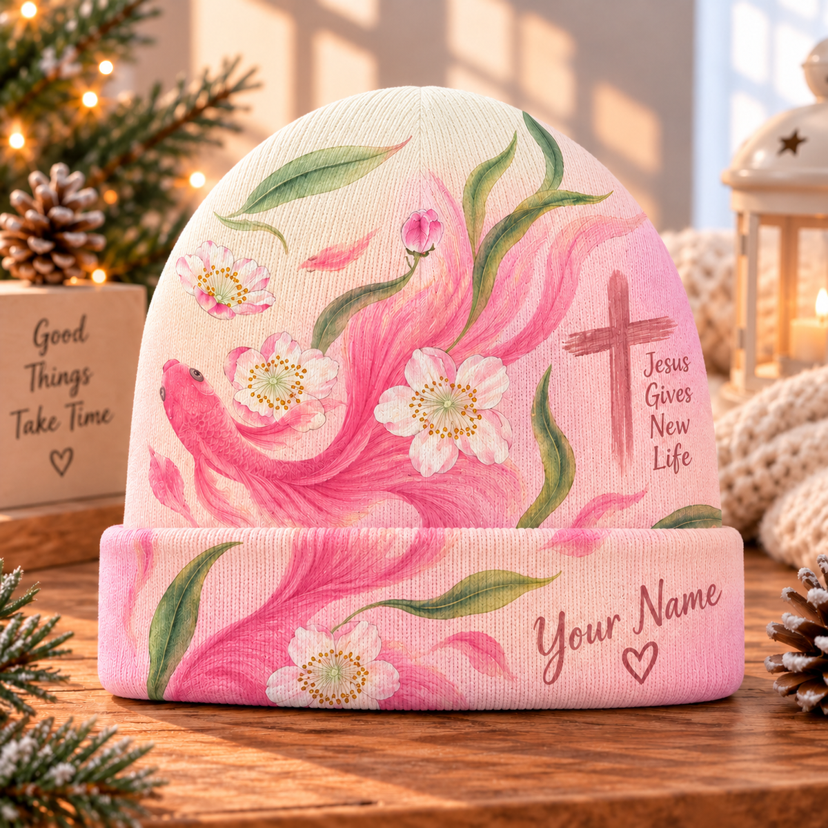 Personalized Pink Betta Fish Floral Beanie Hat