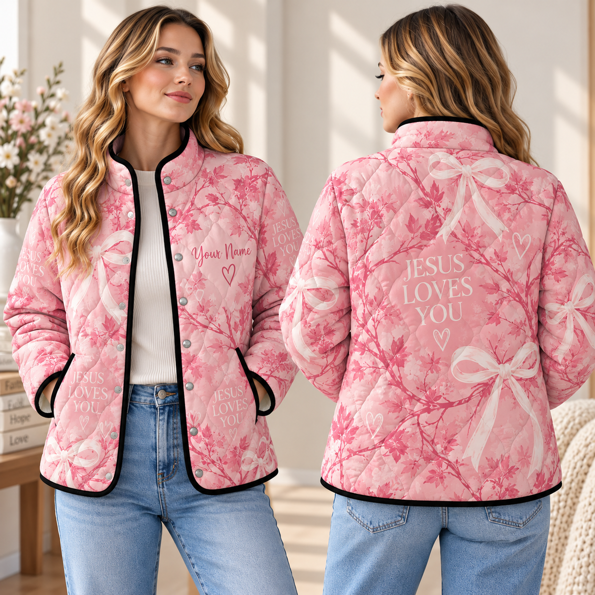 Personalized Jesus Loves You Pink Bow Quilted Jacket