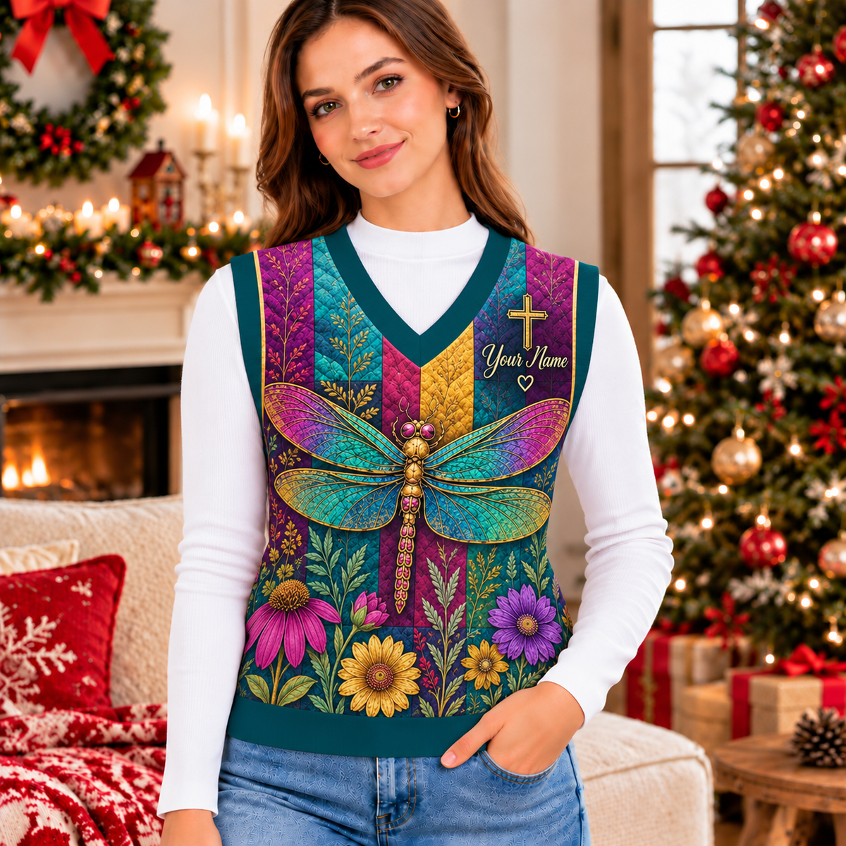 Personalized Jewel Dragonfly Floral Knitted V-Neck Vest