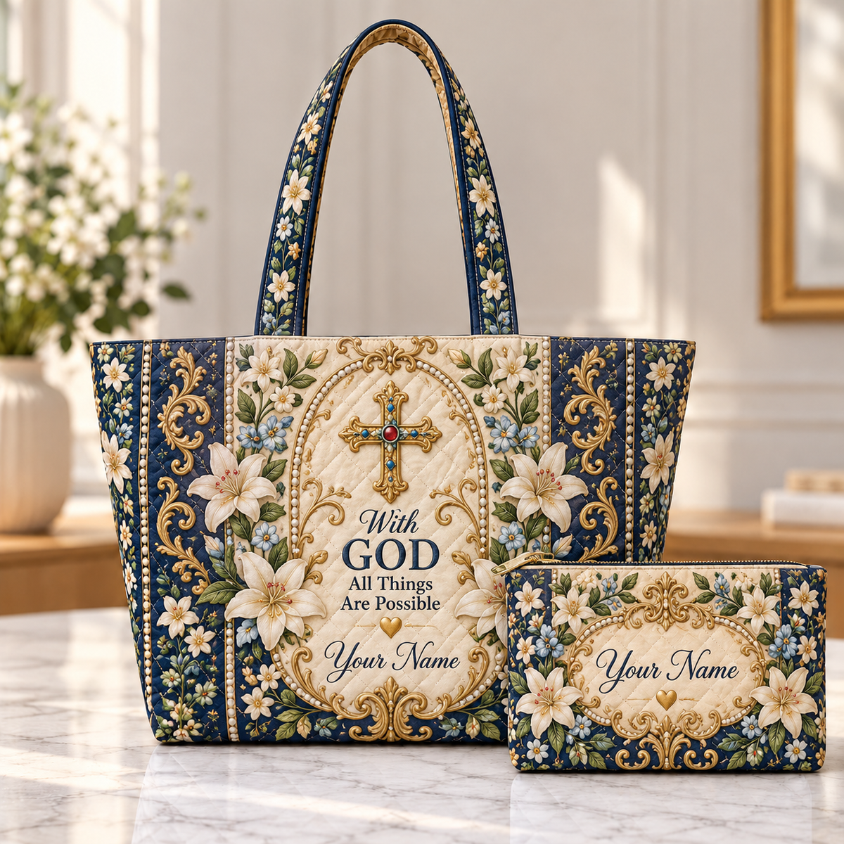 Personalized Ornate Floral Quilted Shoulder Bag & Storage Bag