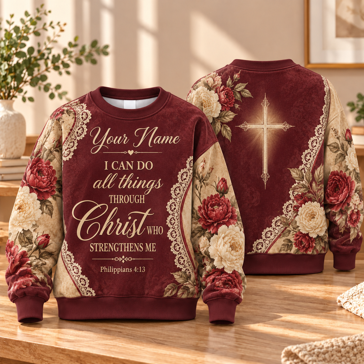 Personalized Burgundy Floral Lace Sweatshirt