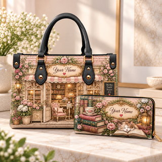 Personalized Blush Rose Bookshop PU Leather Handbag & Leather Long Wallet