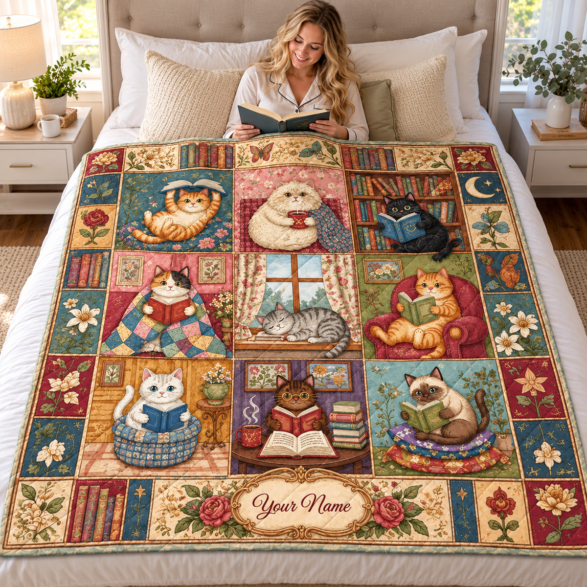 Personalized Book Lover Cats Quilt