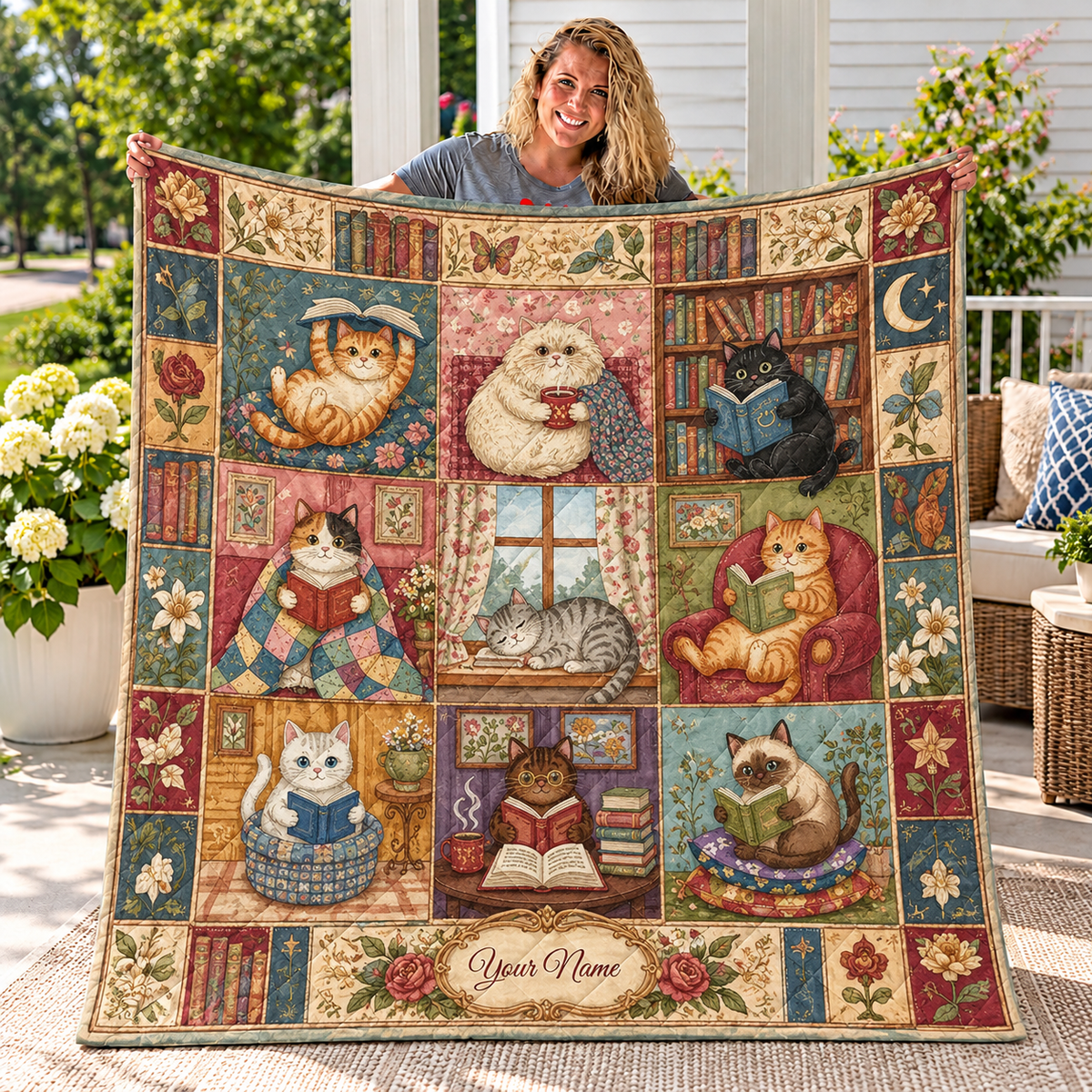 Personalized Book Lover Cats Quilt