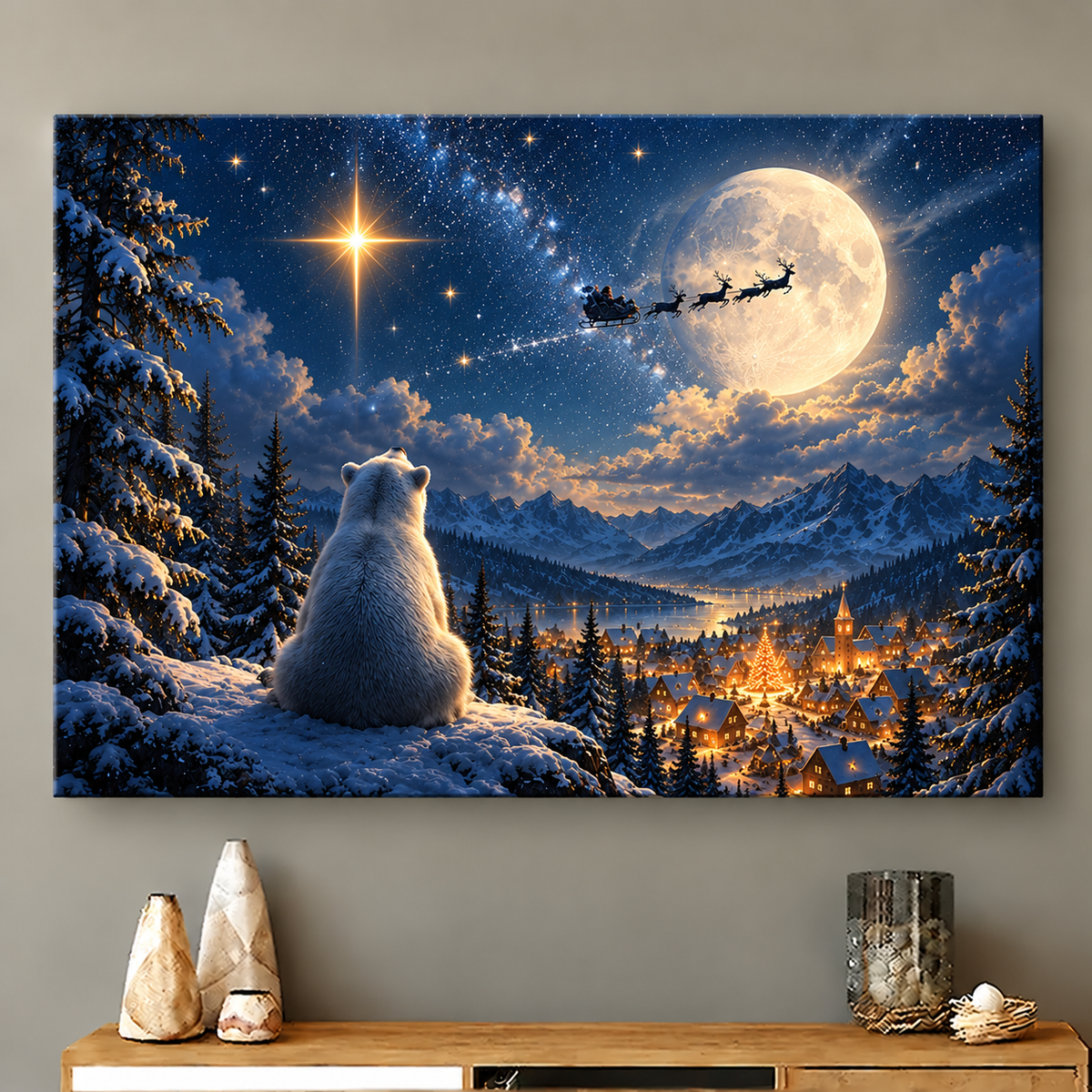 Moonlit Polar Bear Christmas Canvas