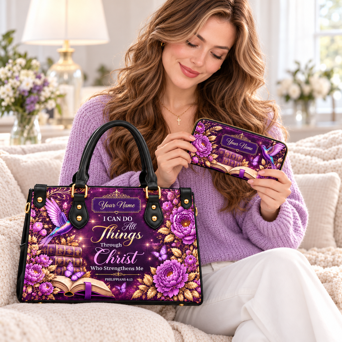 Personalized Purple Hummingbird PU Leather Handbag & Leather Long Wallet