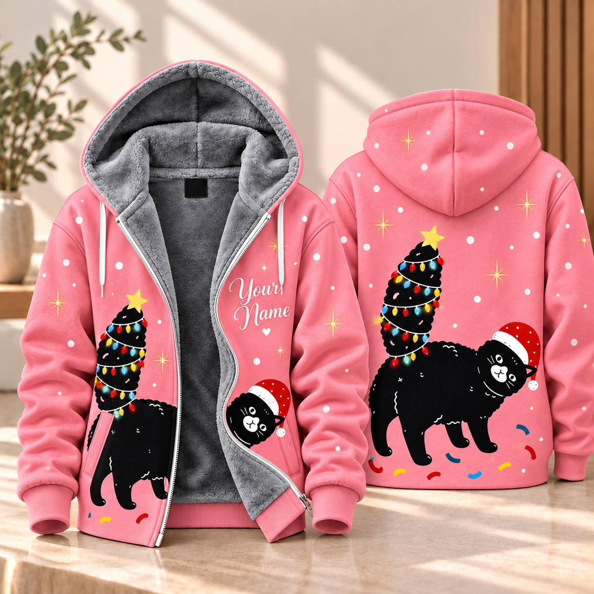 Black Cat Christmas Personalized Fleece Jacket
