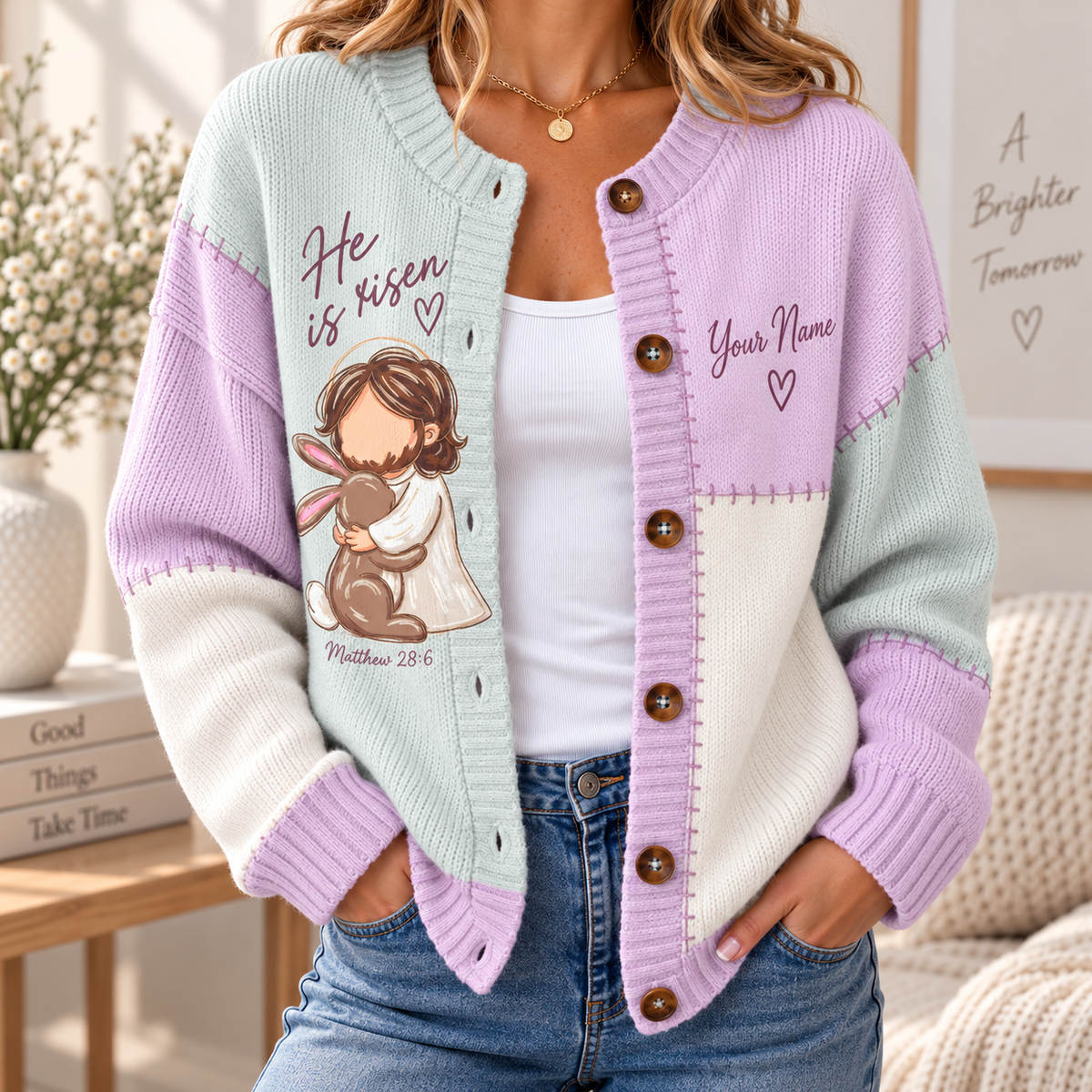 Personalized Bunny Hug Pastel Women's Cardigan Sweater