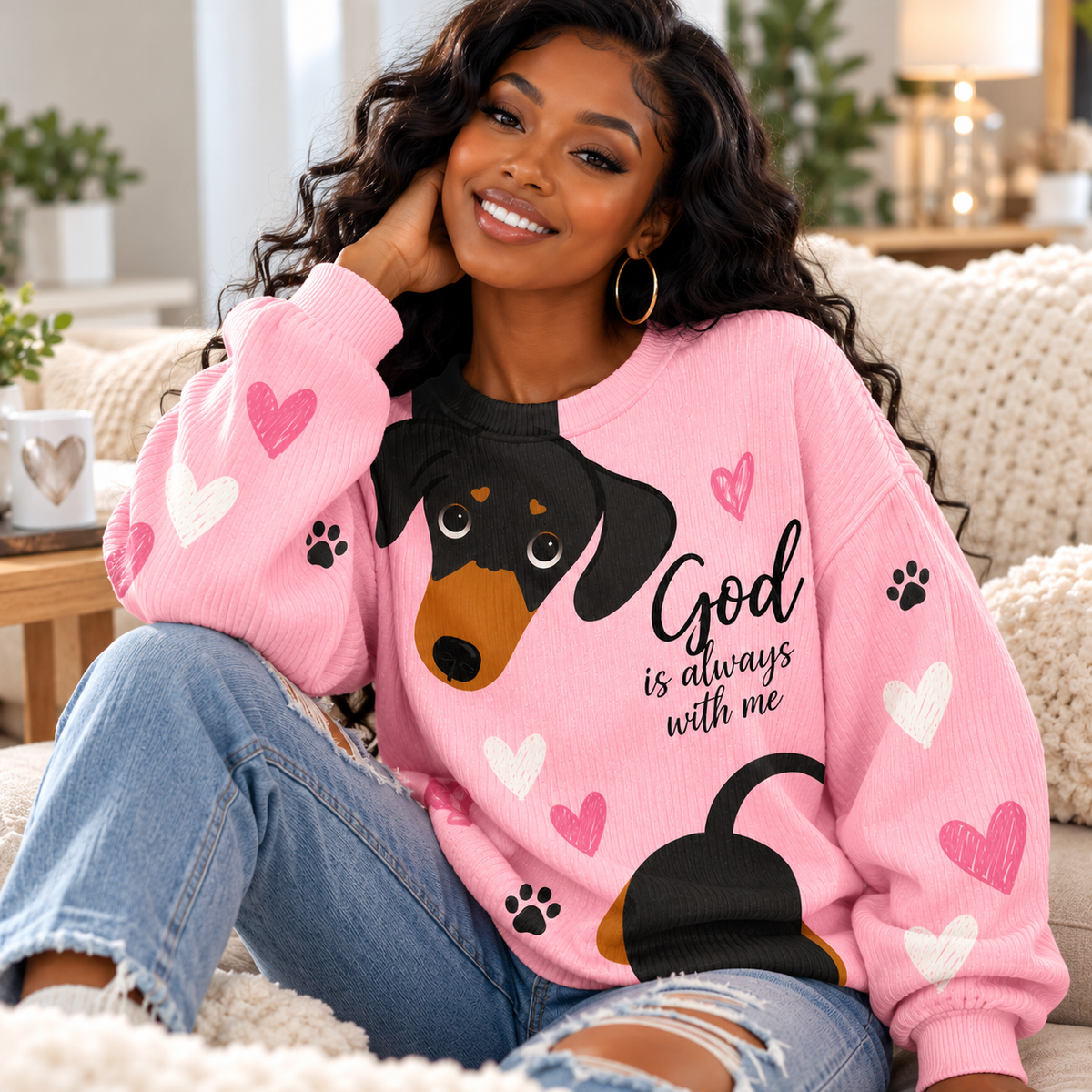 Pink Dachshund Hearts Waffle Sweatshirt