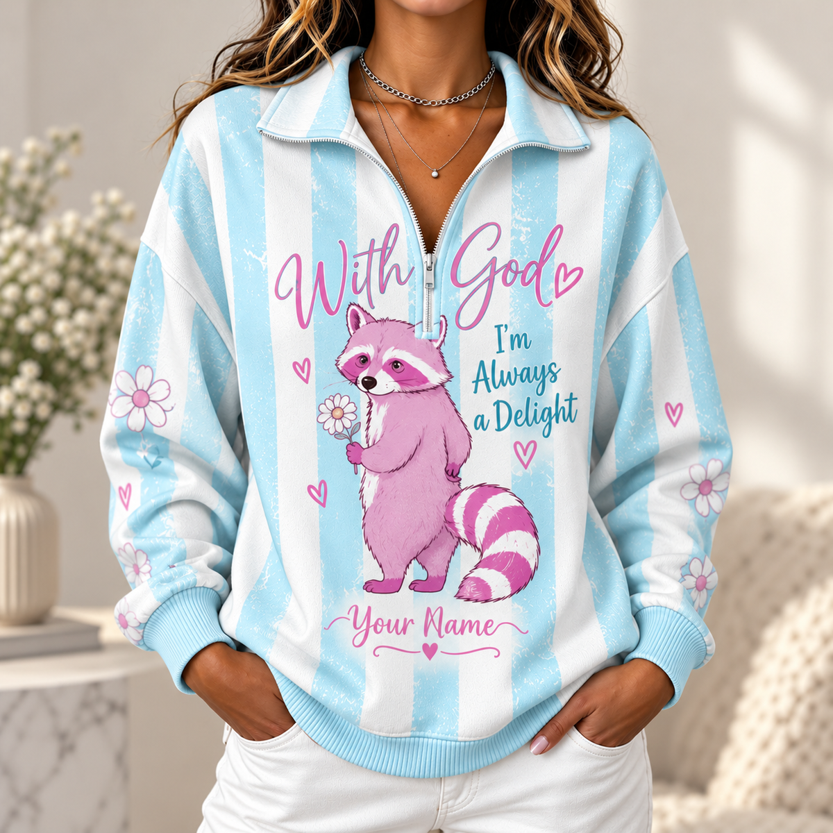 Personalized Pink Raccoon Women's Half-zip Sweatshirt NWY076