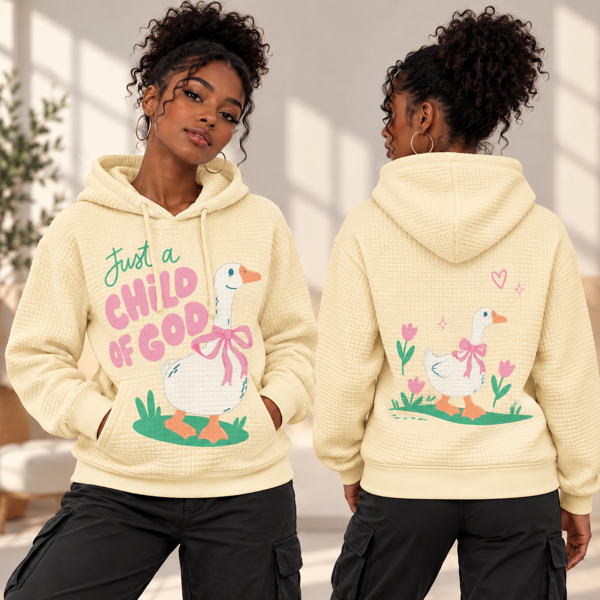 Pink Bow Goose Waffle Hoodie