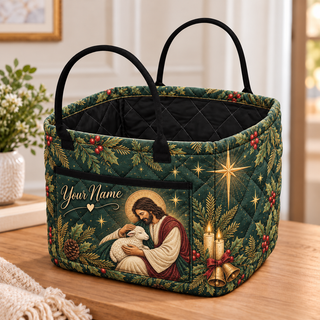 Personalized Lamb & Evergreen Quilted Storage Basket