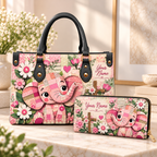 Personalized Pink Elephant PU Leather Handbag & Leather Long Wallet