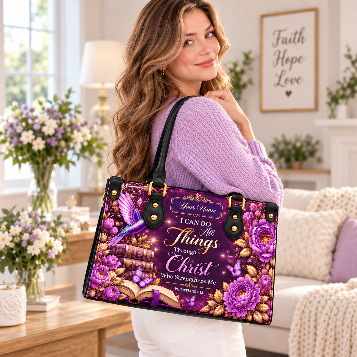 Personalized Purple Hummingbird PU Leather Handbag & Leather Long Wallet