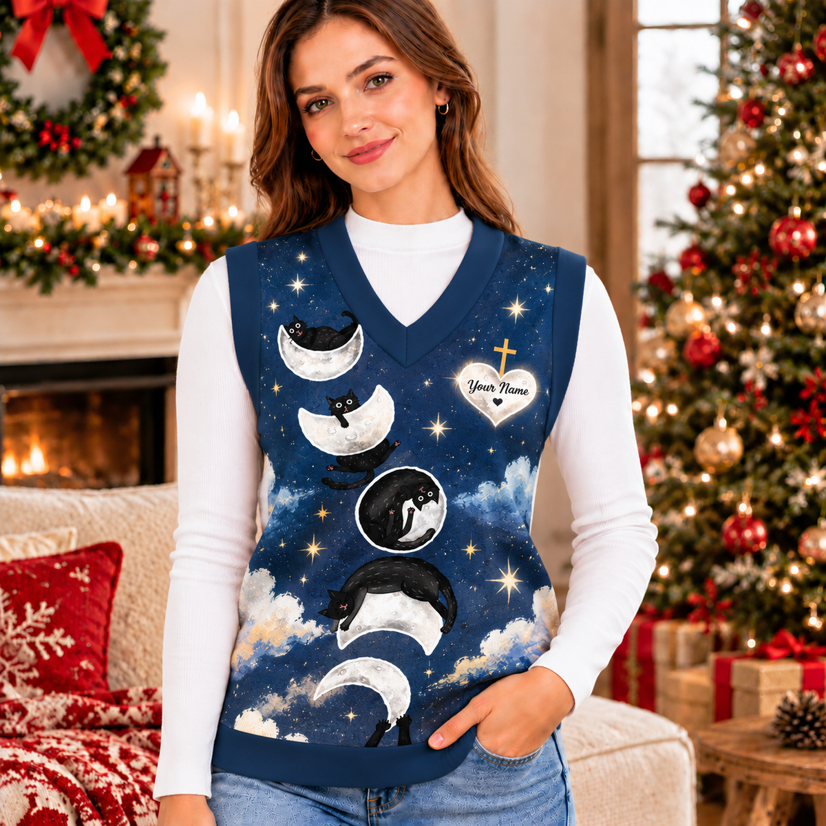 Personalized Black Cat Moon Knitted V-Neck Vest