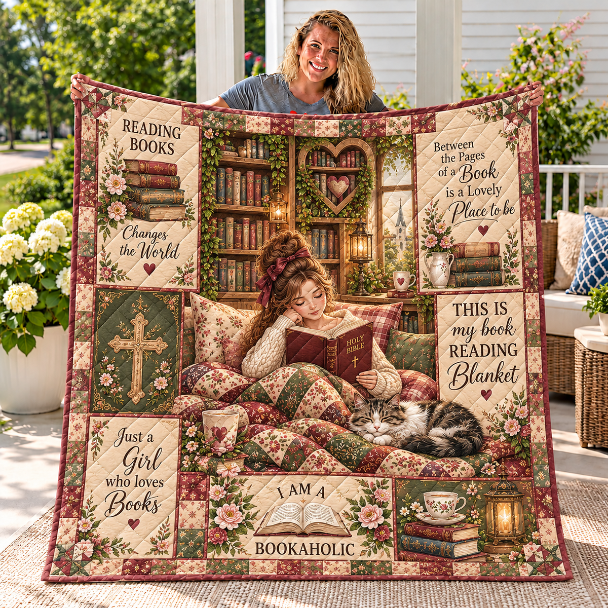 Book Lover Girl and Cat Quilt