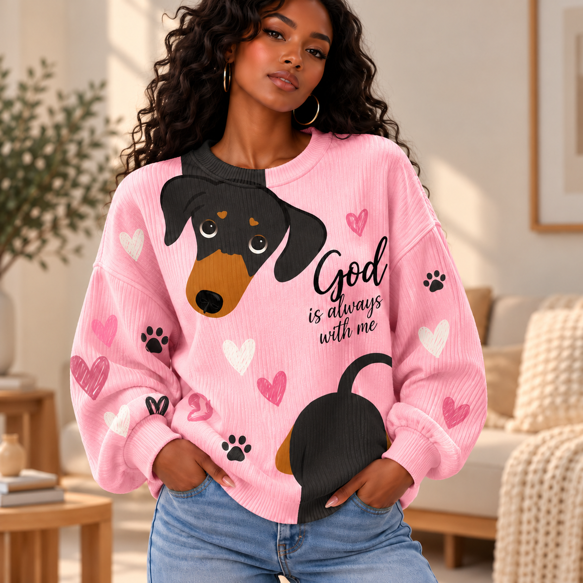 Pink Dachshund Hearts Waffle Sweatshirt