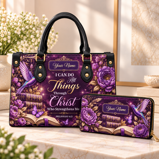 Personalized Purple Hummingbird PU Leather Handbag & Leather Long Wallet