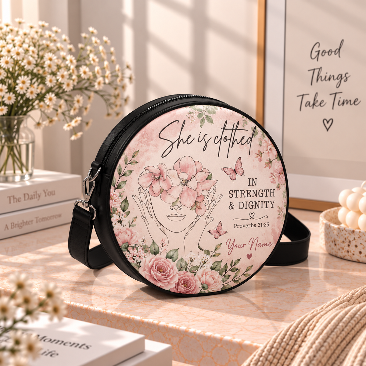 Personalized Strength and Dignity Leather Round Bag