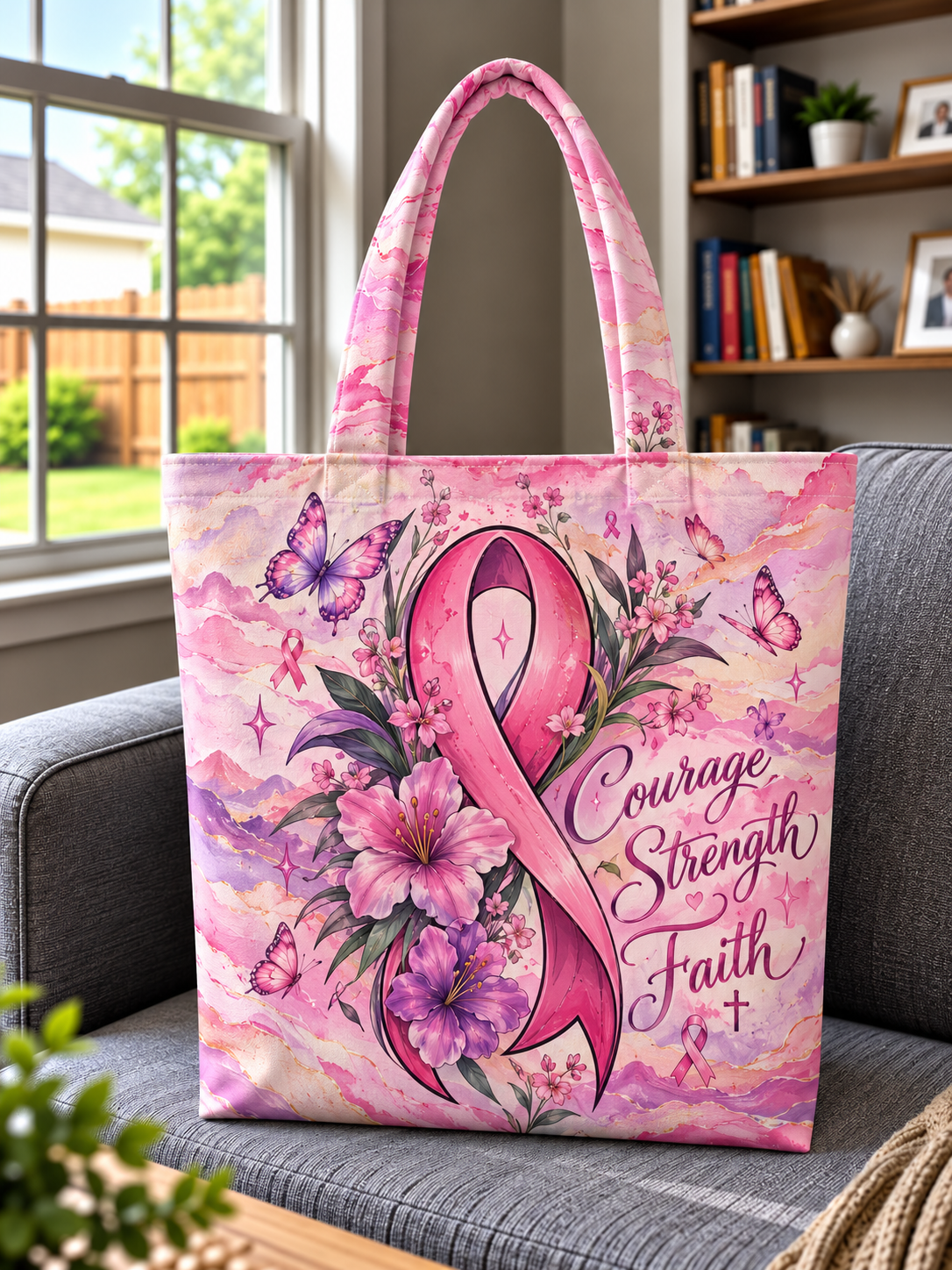 Courage Strength Faith Pink Ribbon Lily Butterfly Tote Bag
