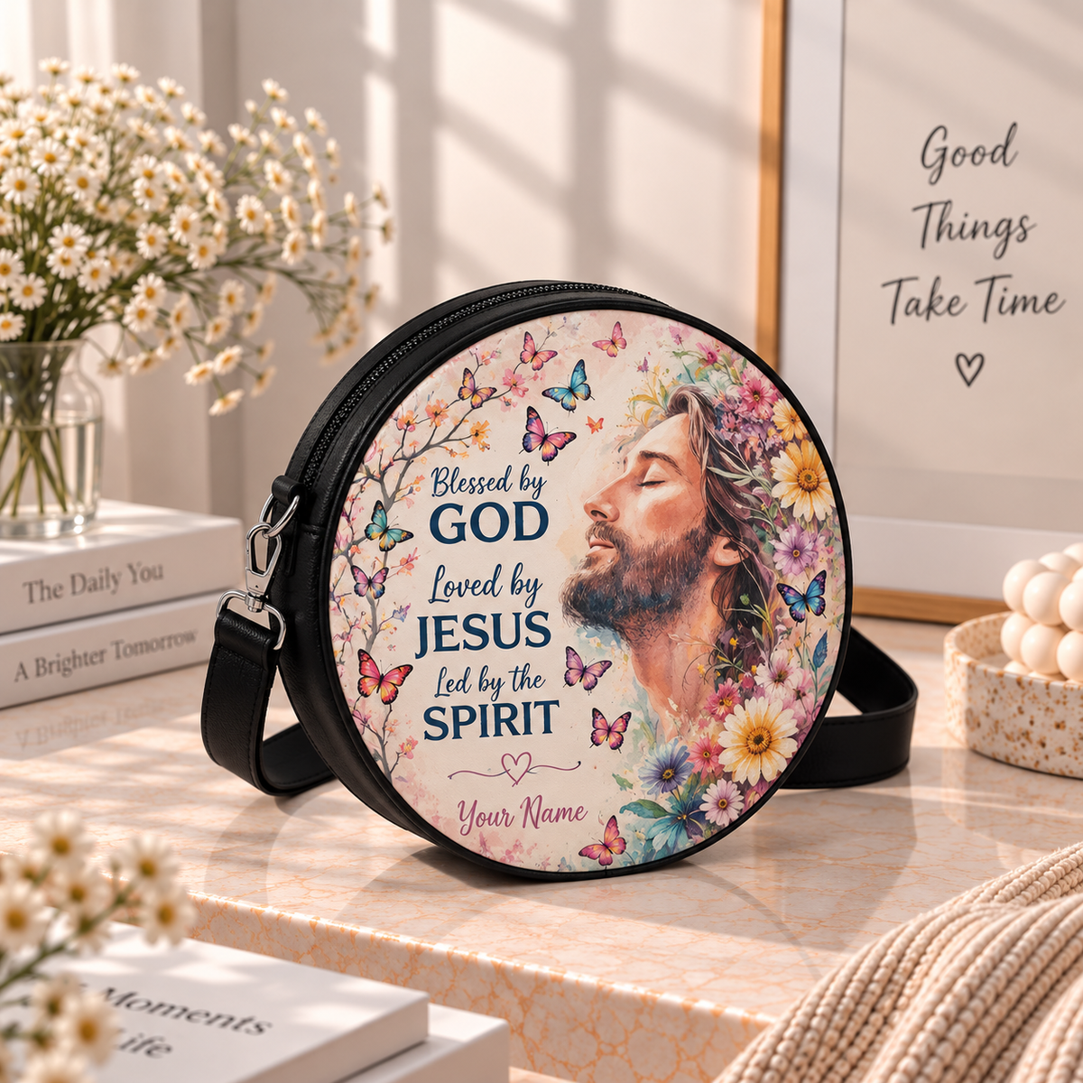 Personalized Jesus Blessed by God Leather Round Bag