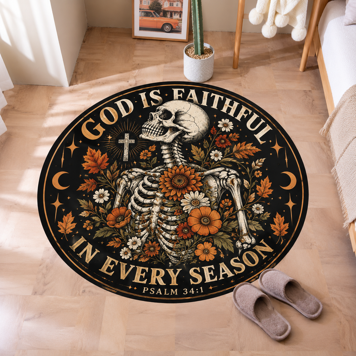 God Is Faithful Floral Skeleton Halloween Round Rug