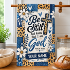 Personalized Be Still Leopard Cross Kitchen Towel