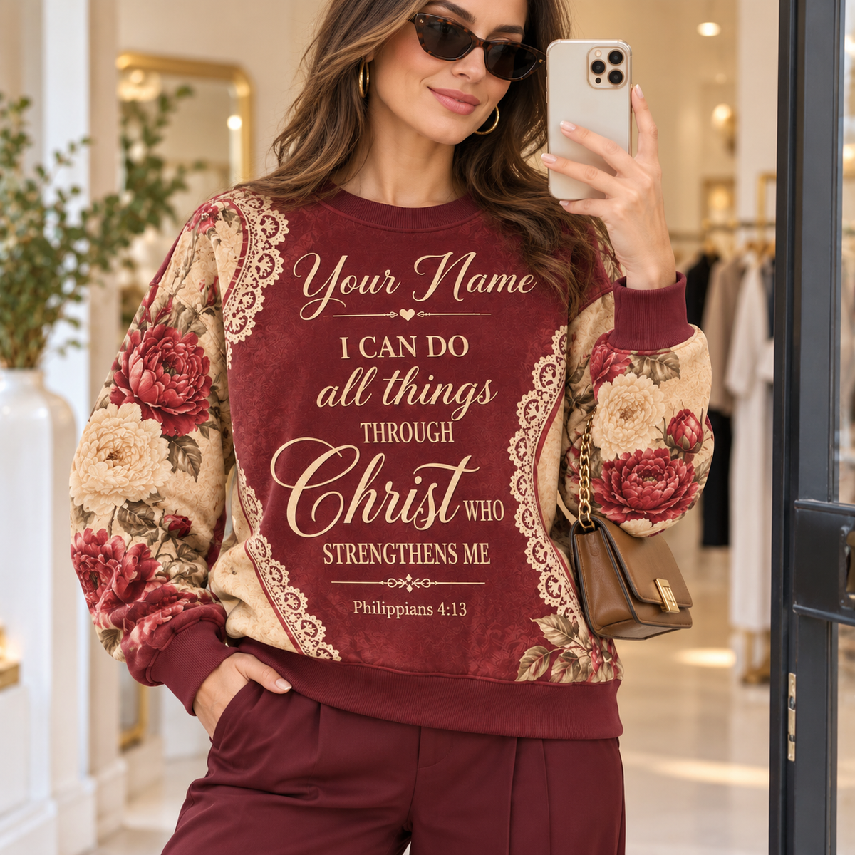 Personalized Burgundy Floral Lace Sweatshirt