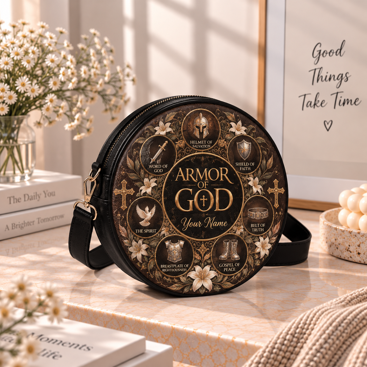 Personalized Armor of God Leather Round Bag