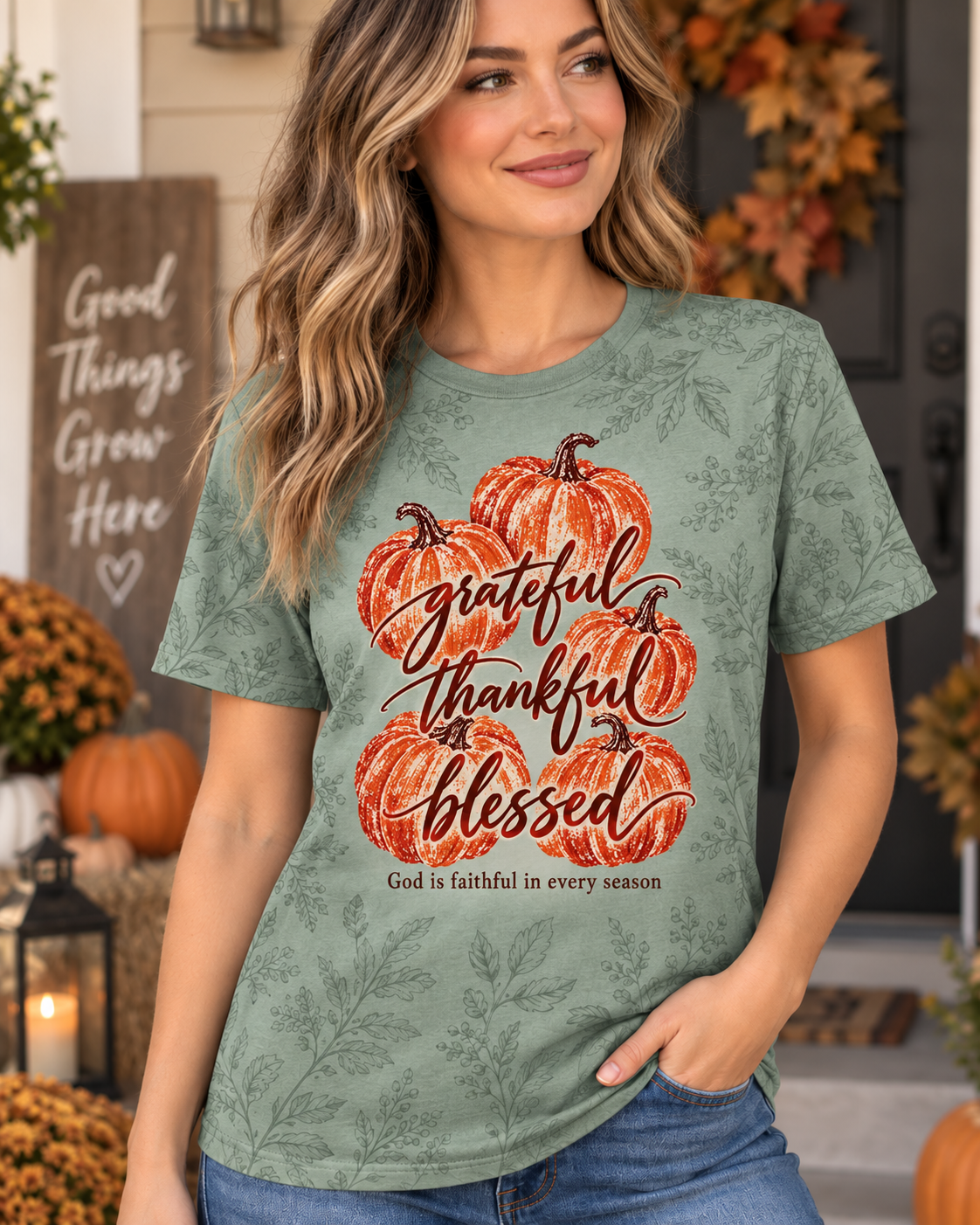 Grateful Thankful Blessed Sage Pumpkin Cluster Christian T-Shirt