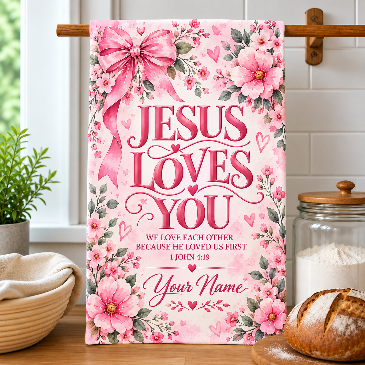 Personalized Jesus Loves You Floral Kitchen Towel