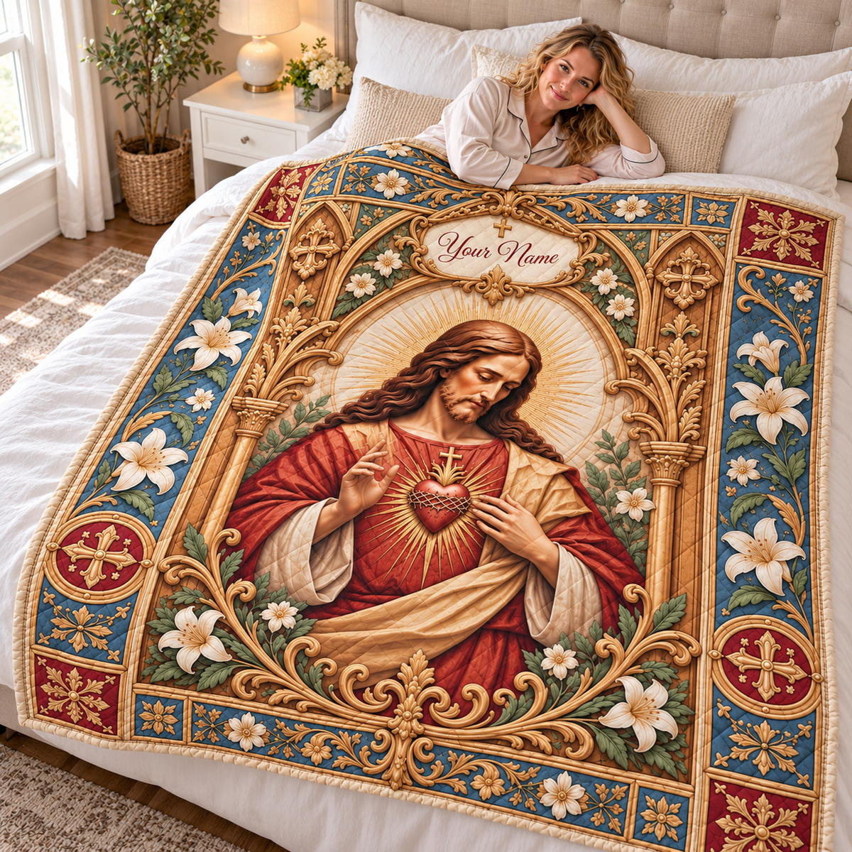 Personalized Vintage Heart Portrait Quilt