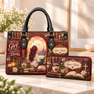Personalized Sunset Reading Girl PU Leather Handbag & Leather Long Wallet