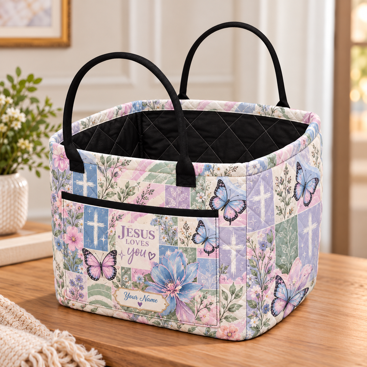 Personalized Pastel Butterfly Patchwork Quilted Storage Basket