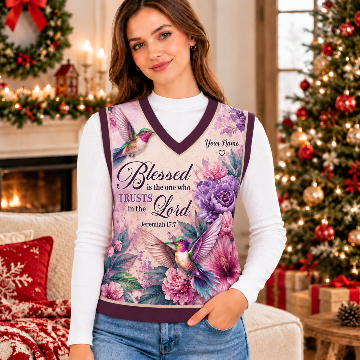 Personalized Pink Hummingbird Floral Knitted V-Neck Vest