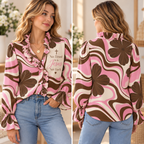 Pink Brown Floral Wave V-Neck Lace Trim Shirt