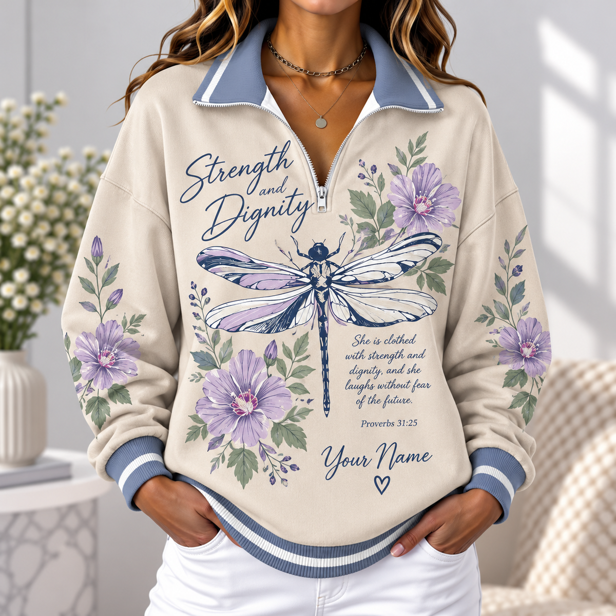 Personalized Floral Dragonfly Women's Half-zip Sweatshirt NWY076