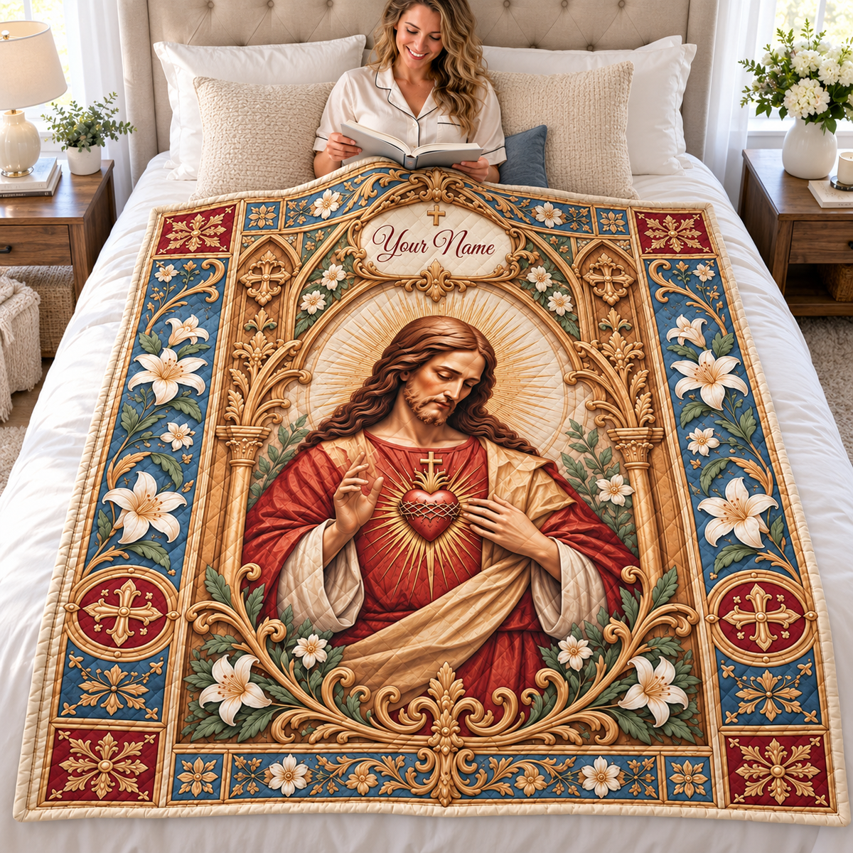 Personalized Vintage Heart Portrait Quilt