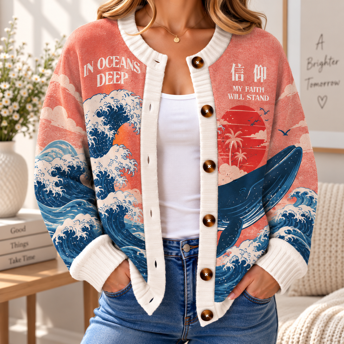 Whale Ocean Waves Women's Cardigan Sweater