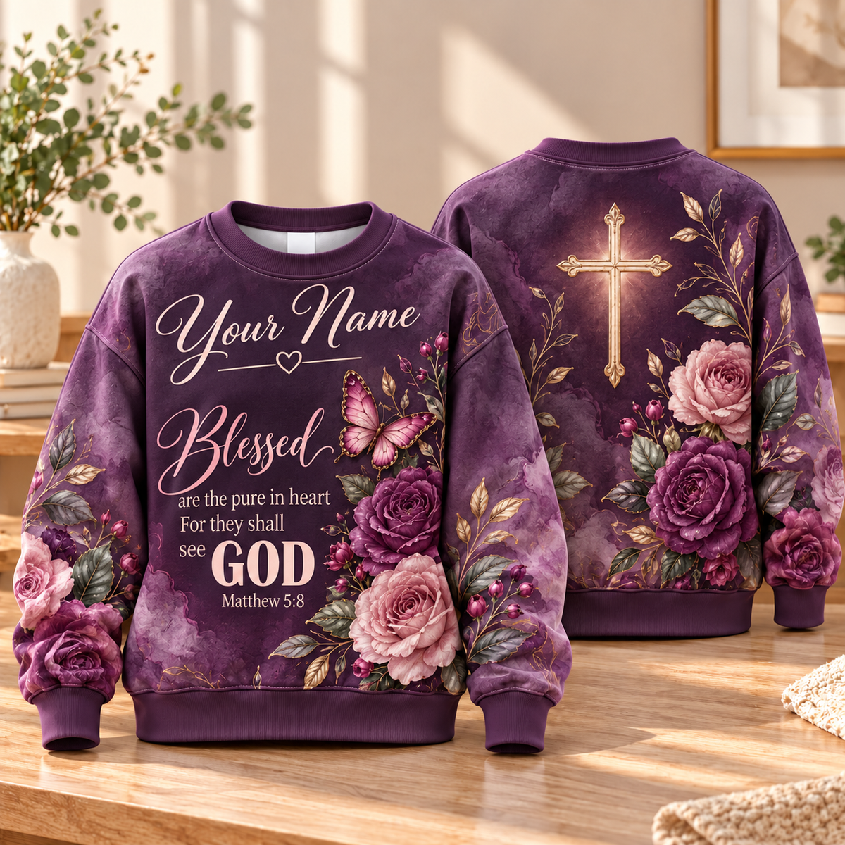 Personalized Plum Rose Butterfly Sweatshirt