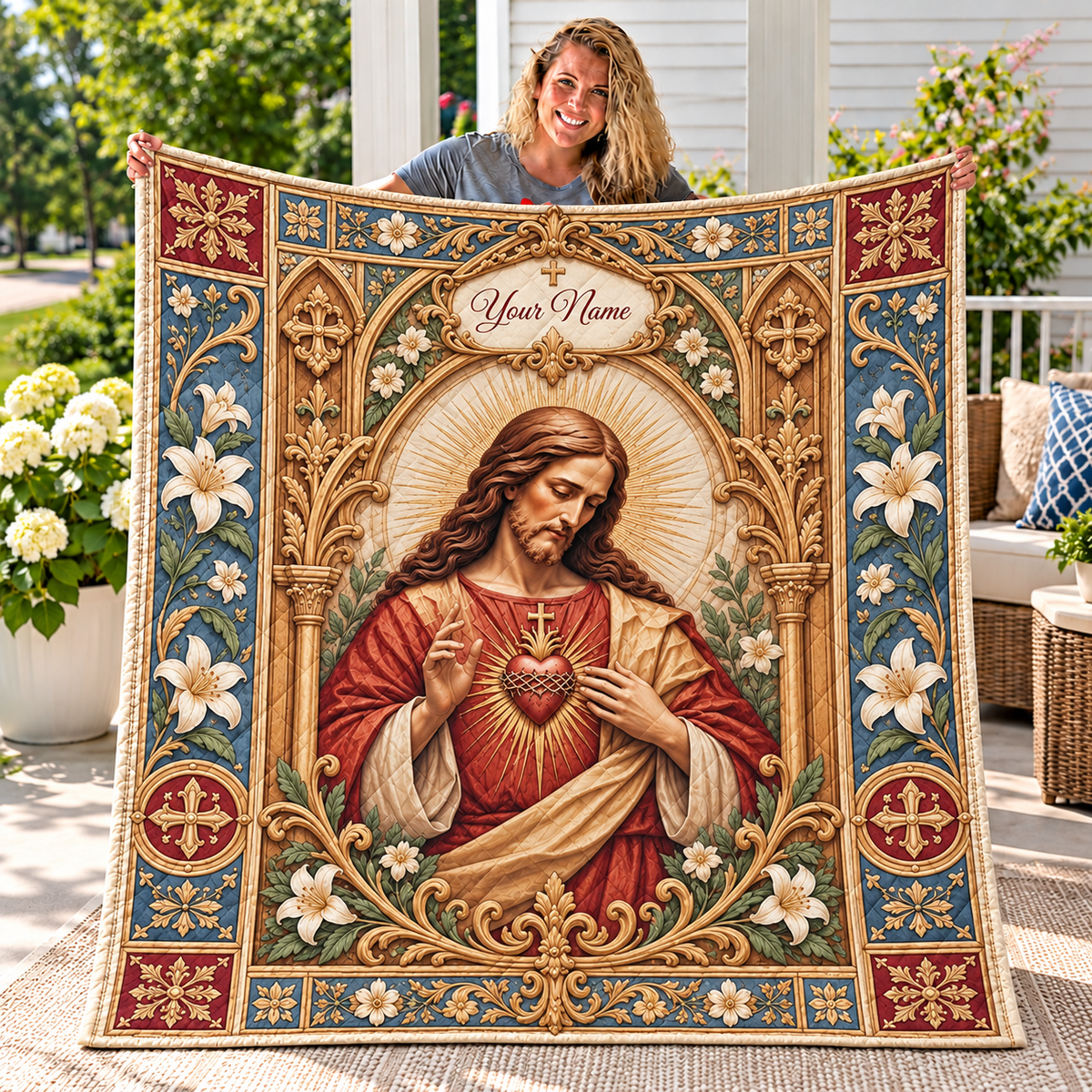 Personalized Vintage Heart Portrait Quilt