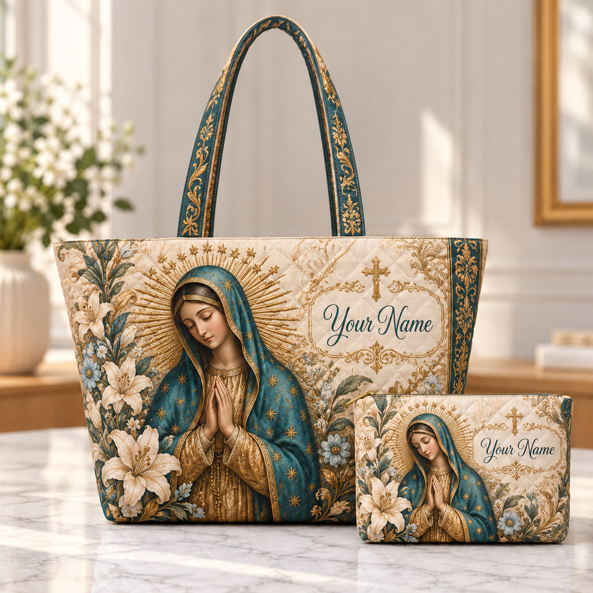 Personalized Teal Lily Quilted Shoulder Bag & Storage Bag