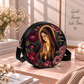 Personalized Praying Mary Burgundy Peonies Leather Round Bag