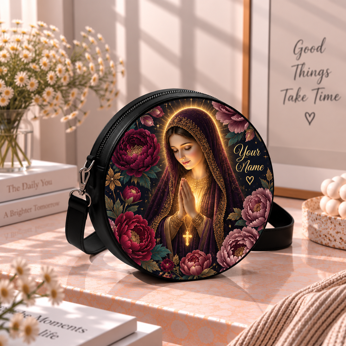 Personalized Praying Mary Burgundy Peonies Leather Round Bag