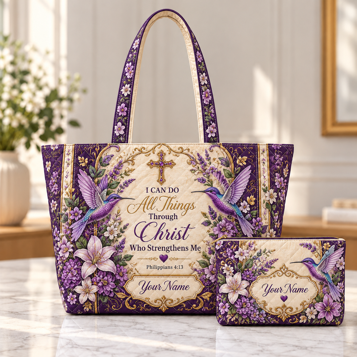 Personalized Purple Hummingbirds Quilted Shoulder Bag & Storage Bag