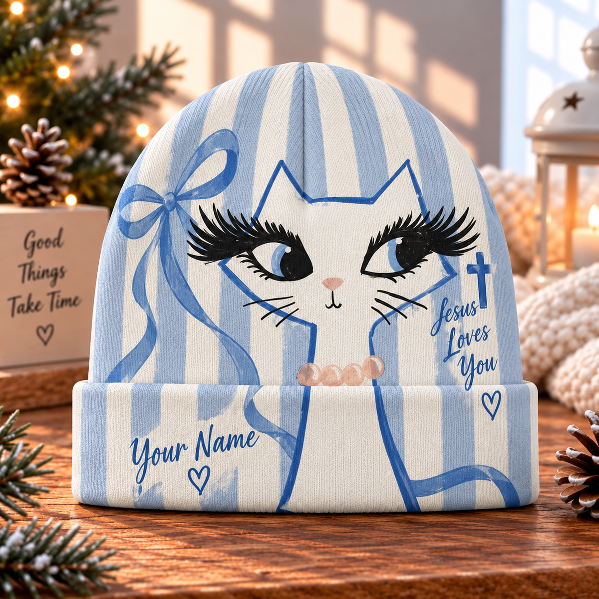 Personalized Blue Bow Cat Beanie Hat